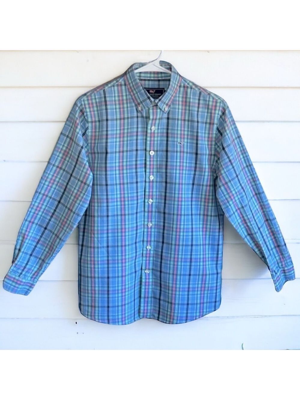 Vineyard Vines Williams Whale Shirt Blue and Pink Plaid Boys Size Large 16